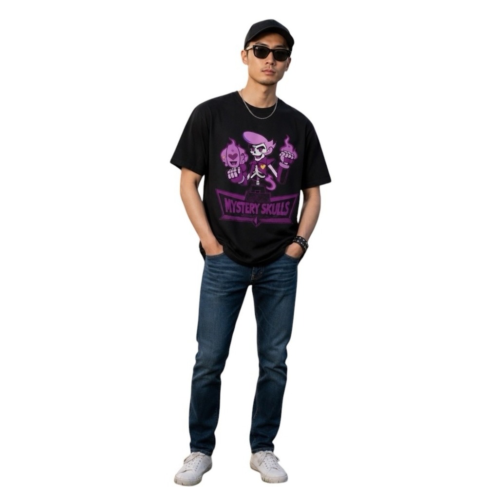Mystery Skulls Purple Graphic Band Tee Black Cotton Shirt M Streetwear Music GUC - Picture 2 of 16